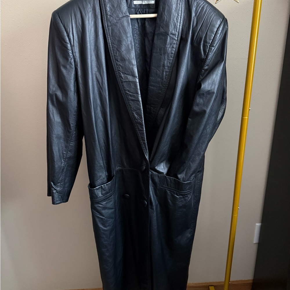 Vintage G-III Black Leather Full Length Trench Coat Large